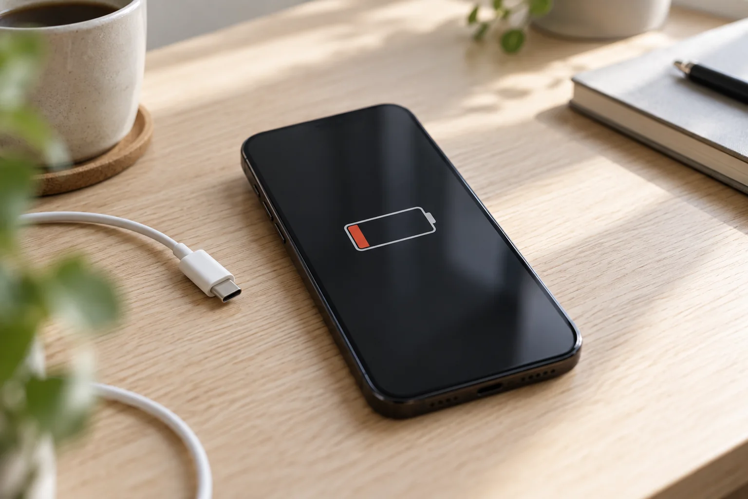 Smartphone med lavt batteriniveau på et lyst træbord.